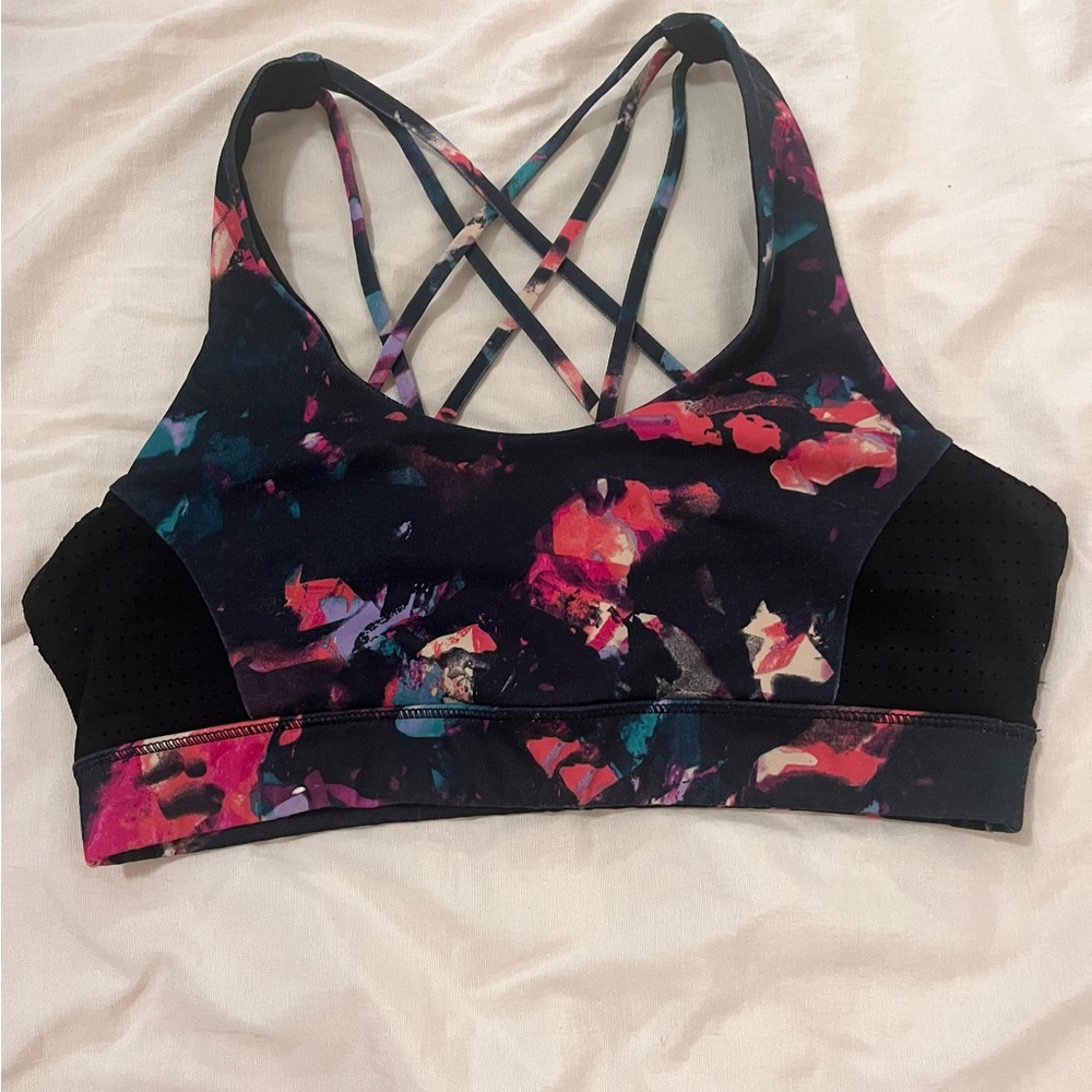 Aeropostale Women's Floral Strappy Sports Bra - Black with Pink & Blue Accents